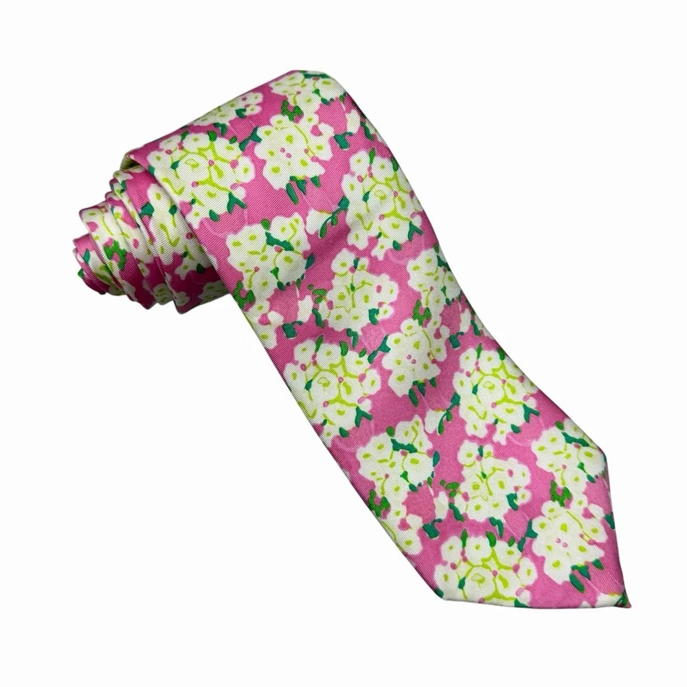 Lilly Pulitzer Men's Stuff Tie Pink/Green Floral Satin Silk USA 3.75